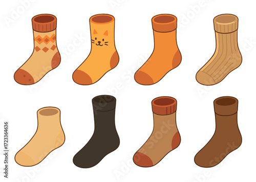 Assorted cartoon orange socks collection on warm gradient background