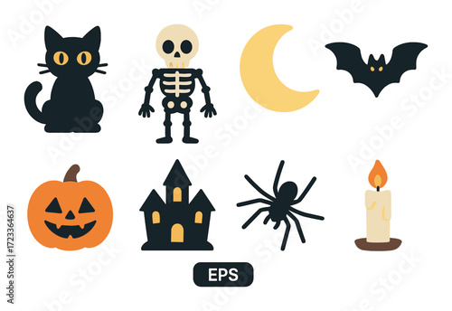 Halloween icons featuring black cat, skeleton, moon, bat, pumpkin, haunted house, spider, candle