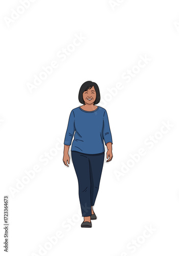 Happy Asian Woman Walking Flat Vector Illustration