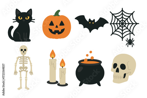 Spooky halloween icons with pumpkin, black cat, and ghostly cauldron