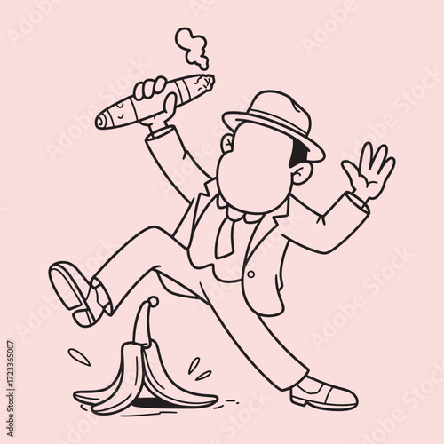 Man in suit and hat slips on banana peel holding smoking cigar vector