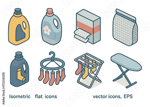 Isometric laundry icons: detergent bottles, ironing board, and clothes drying rack