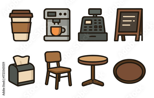Coffee shop essentials: cup, espresso machine, cash register, sign, tissue box, chair, table, tray icons