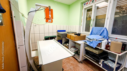 Sterile veterinary clinic, purring feline tranquility, humane healing vibes, World Veterinary Day backdrop, immaculate white-tiled sanctuary