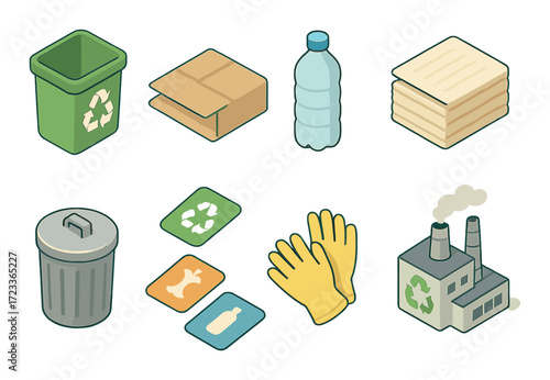 Recycling and waste management icons: bin, cardboard, plastic, paper, factory, gloves