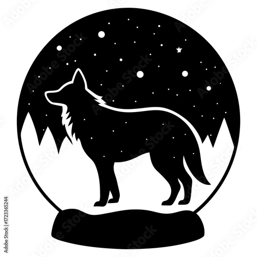 Wolf silhouette in a snowy night globe