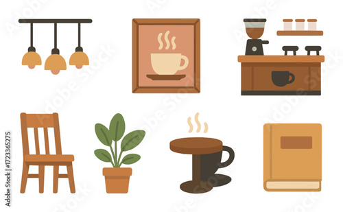 Cozy coffee shop elements with chair, plant, coffee cup, grinder, and book