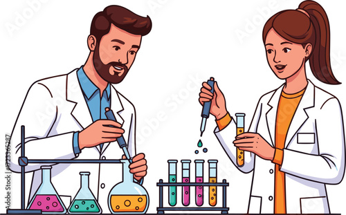 Scientists in laboratory, chemical experiment with pipette, colorful liquids in flasks, STEM research,