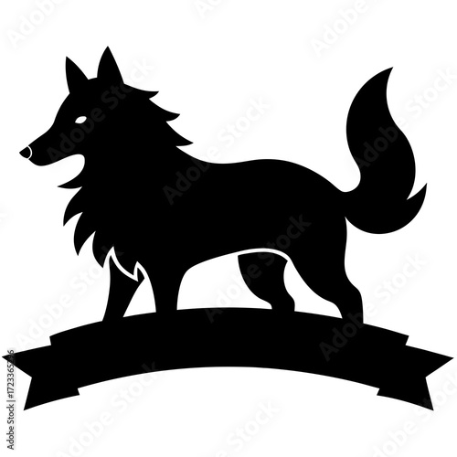 Black silhouette of a wolf standing on a banner