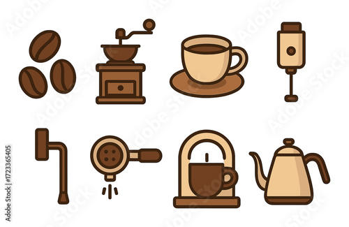 Vintage coffee icons: grinder, cup, beans, kettle, french press, filter, espresso, frother