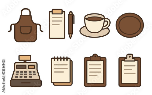 Rustic coffee shop icons with clipboard, coffee cup, and cash register on wood background
