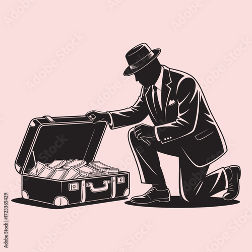 Silhouette of man in suit and hat kneeling by open suitcase full of cash vector