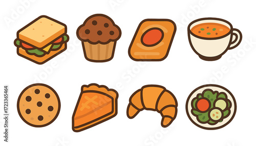 Assorted food icons: sandwich, muffin, soup, cookie, pie, croissant, and salad illustrations