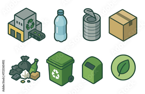 Recycling icon set featuring bottle, can, cardboard, and waste bins