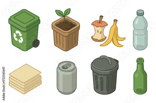 Sustainable waste management: recycling bins, compost, and trash items icon set