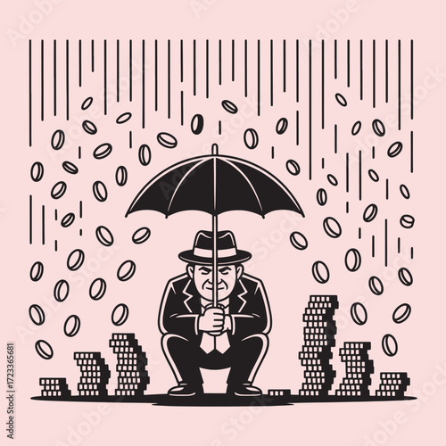 Man in suit and hat holding umbrella with coins falling around stacks of coins vector