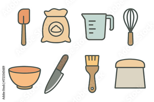 Baking utensils and ingredients: spatula, whisk, measuring cup, flour bag, bowl