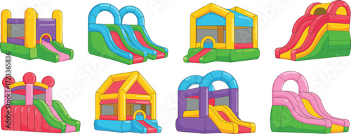 Colorful inflatable bounce houses, fun jumping castles, kids party slides, outdoor amusement play structures, carnival entertainment, playground inflatables, family fun activities