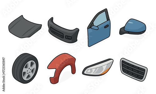 Illustrated car parts collection with door, mirror, wheel, bumper, light, grille, hood, fender