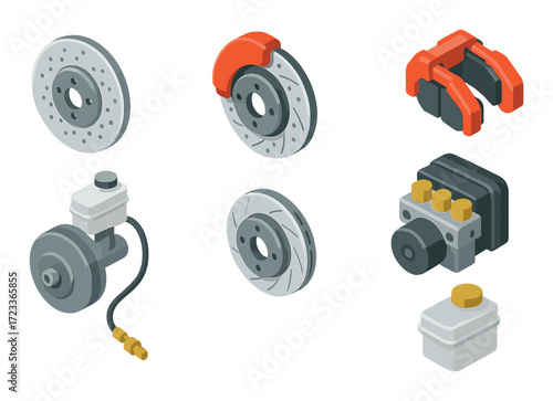Isometric set of vehicle brake system components with brake discs and calipers
