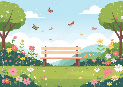 An illustration of a bench in the garden could show a simple wooden or wrought-iron bench placed under the soft shade of a tree. Around it, colorful flowers bloom