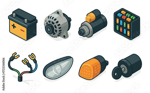 Colorful flat icon set of automotive parts and accessories
