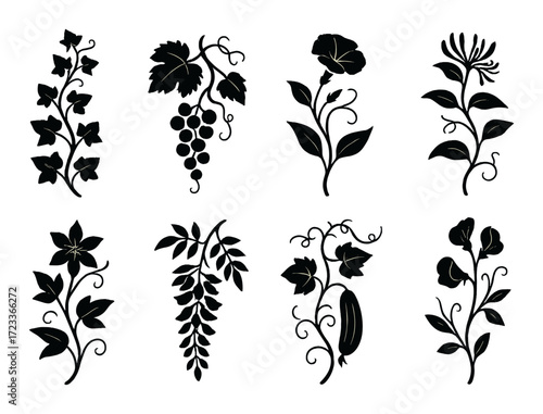 Intricate black silhouette floral designs on olive background
