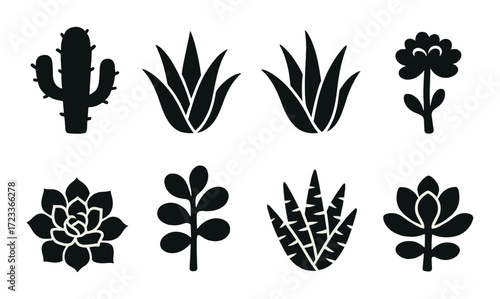 Silhouetted succulent and cactus icons on olive green background