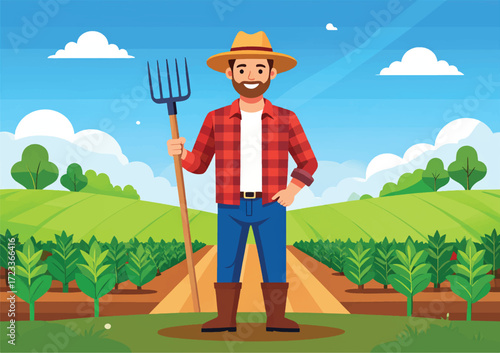 A male farmer is standing proudly in the field, wearing a wide-brimmed straw hat, a checkered shirt, and rolled-up jeans. Her boots are slightly muddy, showing she has been working on the land.