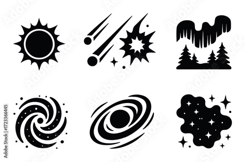 Cosmic icons illustrating celestial phenomena and natural elements