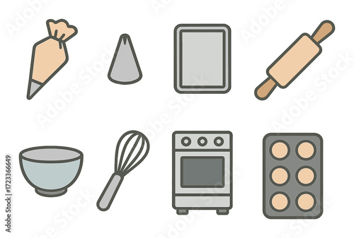 Baking tools set: whisk, rolling pin, piping bag, tray, oven, muffin tin, bowl