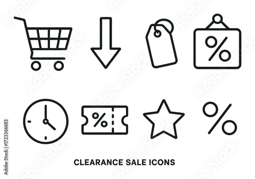 Clearance sale icons set: shopping, discount, clock, star, tag, cart