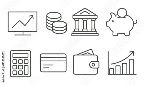 Financial growth icons: chart, coins, bank, piggy bank, calculator, card, wallet, graph