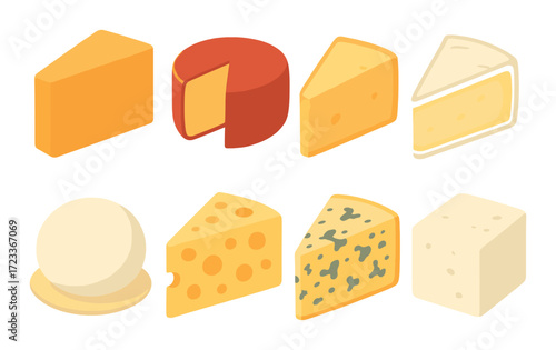 Variety of cheeses: gouda, edam, swiss, brie, camembert, mozzarella, blue, feta