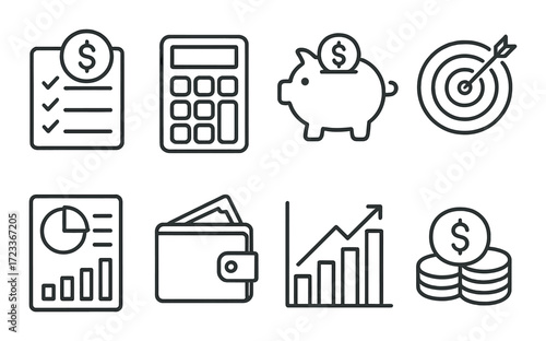 Financial icons: budgeting, calculator, savings, charts, and wallet graphics