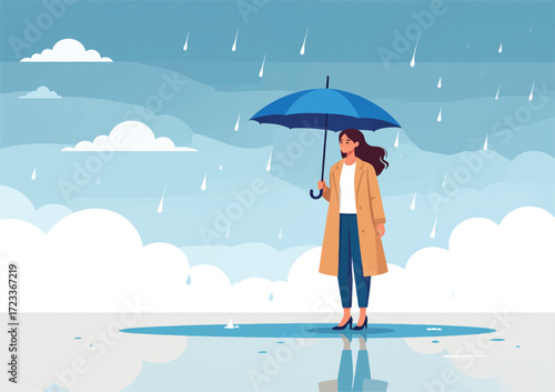An illustrator stands outside in the rain, holding a umbrela close. Raindrops fall gently around, some splashing on the wet ground, while the person gazes upward with inspiration.