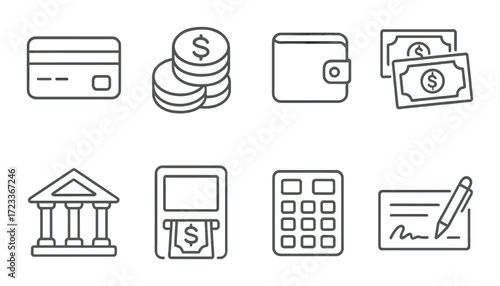 Minimalist financial icons: credit card, coins, wallet, cash, bank, atm, calculator, check