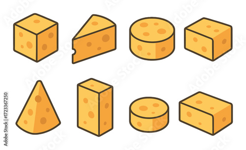 Assorted cheese shapes on brown background: variety of yellow cheese blocks and wheels