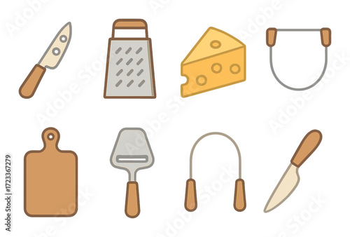 Assorted cheese utensils and tools for kitchen preparation