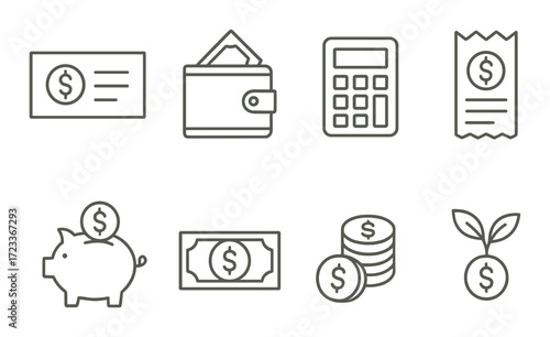 Financial icons on metallic background featuring money, wallet, calculator, receipt, piggy bank, cash, coins, investment