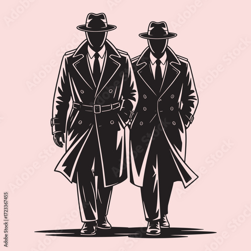 Two men in dark trench coats and fedora hats walking side by side vector
