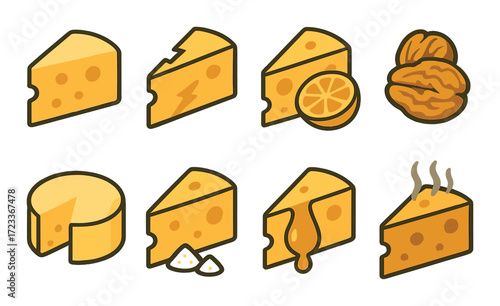 Vector icons of cheese varieties with nuts and citrus on brown background