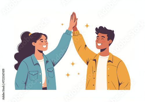 An illustration of a male and female character giving each other a high five. Both are smiling with cheerful expressions, standing side by side.