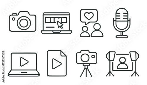 Digital media icons: camera, microphone, video, collaboration symbols on dark background