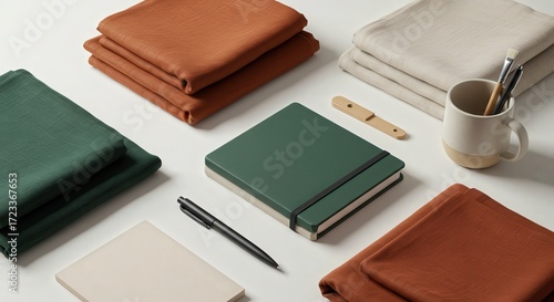 Organized Desk Arrangement with Notebooks and Textiles in Tones