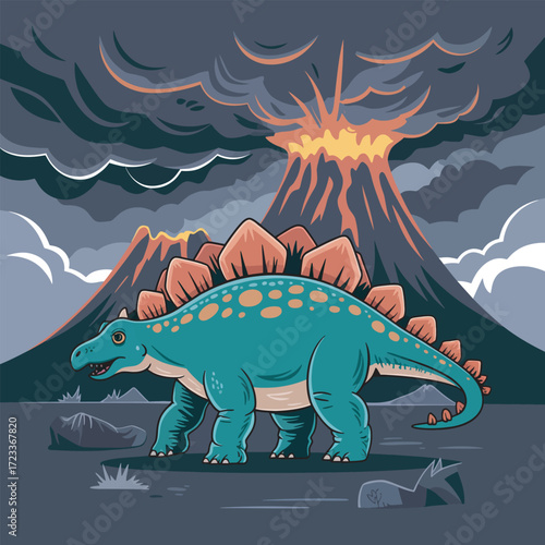 Stegosaurus Roaming Near Erupting Volcano Landscape with Dramatic Sky and Volcanic Ash