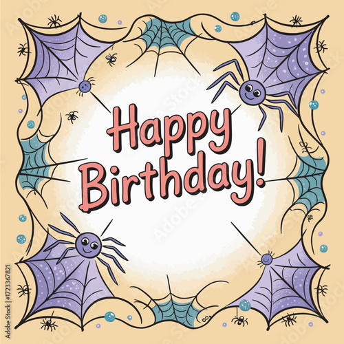 Spider Web Frame with Cute Spiders for a Happy Birthday Card Design Illustration