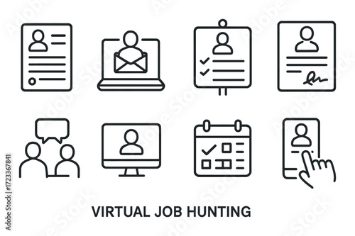 Icons depicting virtual job hunting process with digital tools