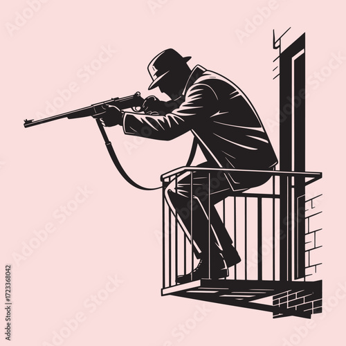 Silhouette of a man in a hat aiming a rifle from a balcony vector