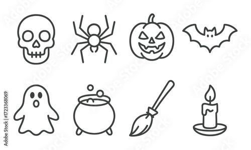 Spooky halloween icons: skull, spider, pumpkin, bat, ghost, cauldron, broom, candle